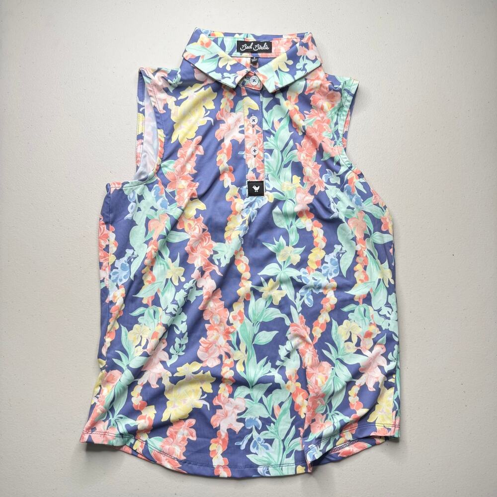 NWOT Bad Birdie Women’s Core Polo Lei’d Floral Sleeveless Golf Shirt Size S